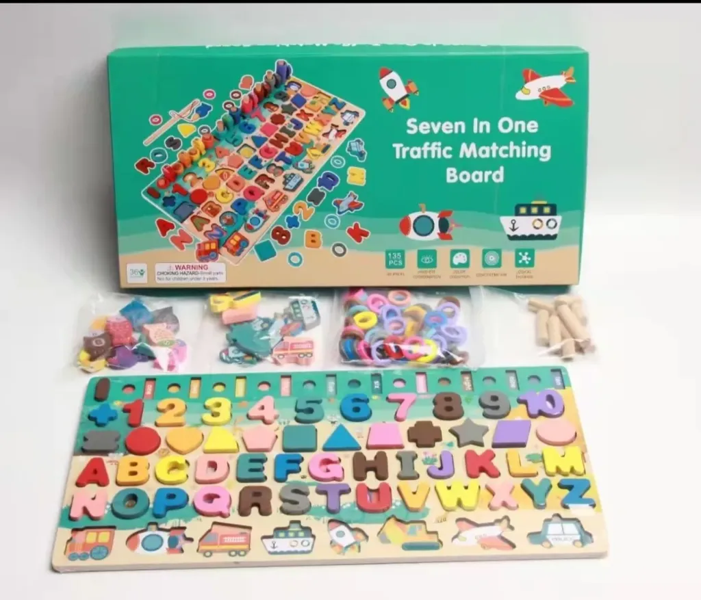 [Toys & Games / Learning Toys-26296] Cartoon Character 6-in-1 Traffic Matching Board – Wooden Number Puzzles & Shape Sorting Toy | Early Education Puzzle for Kids | Enhances Cognitive & Problem-Solving Skills