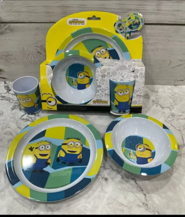 [School essentials / Mugs / Tumblers / Bottles-17566] Eco Friendly Bamboo Fiber Dinner Set, 5 Pcs Tableware Crockery Set for Weaning Toddler & Self Feeding Baby Utensil Set for Baby Kids