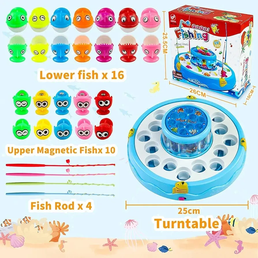 [Toys & Games / Musical Toys-13201] Fishing Game Toy Set for Kids with Multilayer Rotating Pond, 26 Fishes, 4 Fishing Poles, Dynamic Light and Music – Safe and Durable Gift – Multicolor (Color As Per Stock)