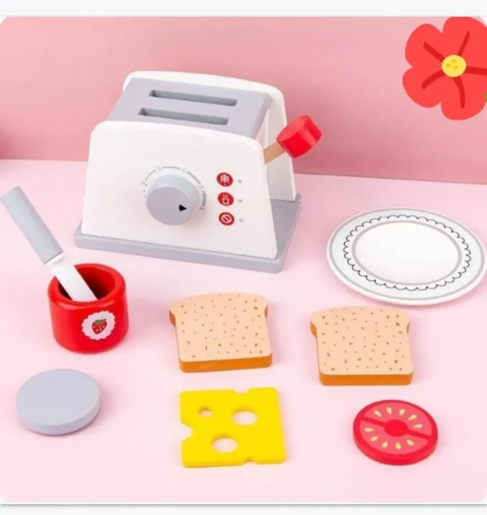 Mini Toaster Set Pretend Play Kitchen Toy for Kids | Wooden Breakfast Playset with Bread, Egg, Cheese, Butter, Jam & Knife | Educational Role Play Toy for Boys & Girls (Age 3+)