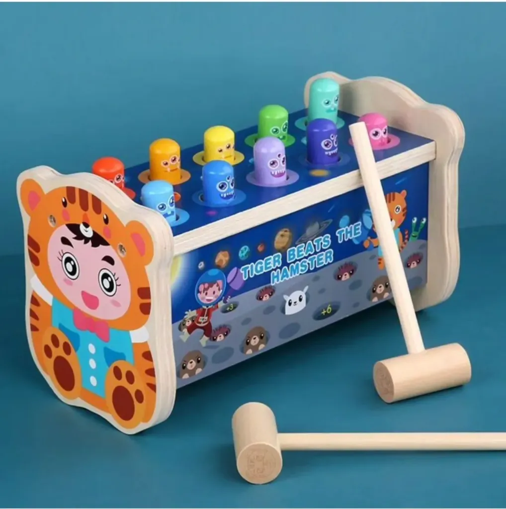 Pounding Bench Hammer Toy Tiger Beats The Hamster Set 10 Pegs 2 Hammers 1 Year+ (Hamster Bench), Multicolor