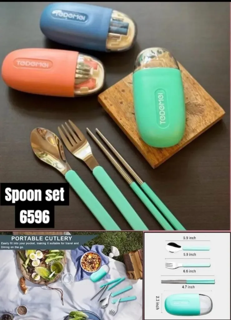 [School essentials / Bento Accessories-15820] Stainless Steel Travel Cutlery Set - Spoon, Chopstick, and Fork Cutlery for Women, Men, Kids Ideal for Travel, Office, School & Outdoor Use
