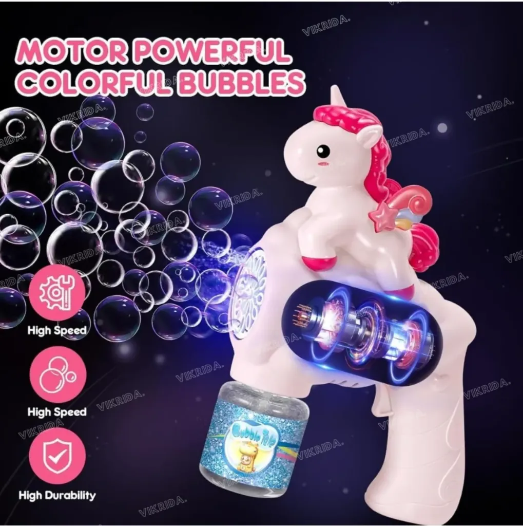[Toys & Games / Bubbles and guns-13589] Unicorn Bubble Gun Toy for Kids Toddlers with Bubble Solution 5000+ Bubbles Per Minute,Lights Effect Leak-Proof Automatic Bubble Gun -Birthday Gift, Indoor Outdoor Play Summer Toy