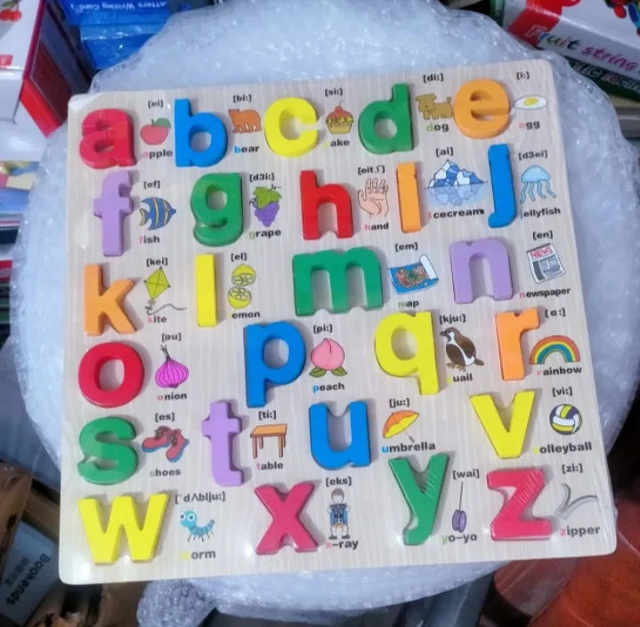 [Toys & Games / Learning Toys-29109] Wooden Alphabet Puzzle Board, Educational Learning Toy with Pictures, A-Z Letters, Colorful Peg Knobs, Early Development for Kids