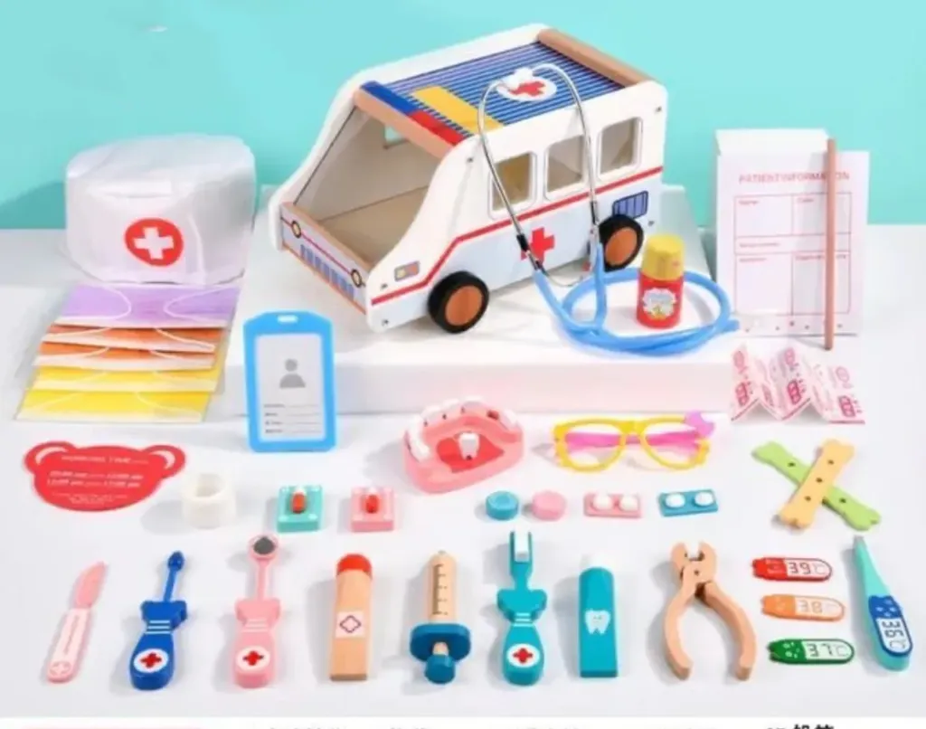 [Toys & Games / Pretend play-25811] Wooden Ambulance with Doctor Set _ Working Sthethoscope _ Dental Tools _Wooden Doctor Set for Kids(44 Piece Set )