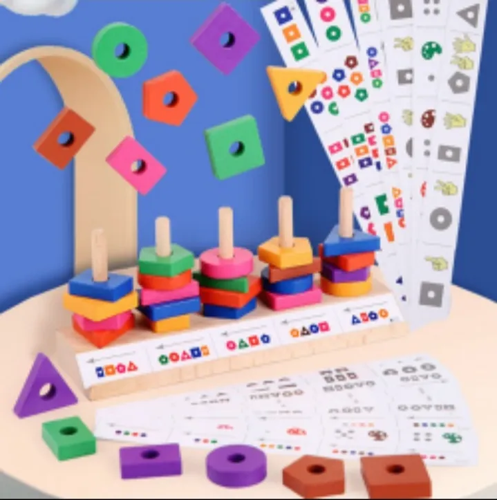 [Toys & Games / Puzzles and Blocks-18924] Wooden Angle Geometric Blocks Stacker Shape Sorter Column Puzzle Stacking Set - 5 Columns