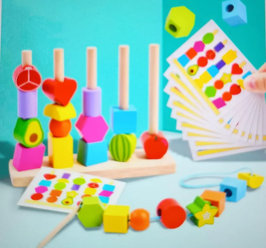 [Toys & Games / Learning Toys-24841] Wooden Beads Sequencing Toy Set | Montessori Lacing & Stacking Toy for Kids 2-5 | Color & Shape Matching Educational Fine Motor Skills Learning Toy | 40 Pcs