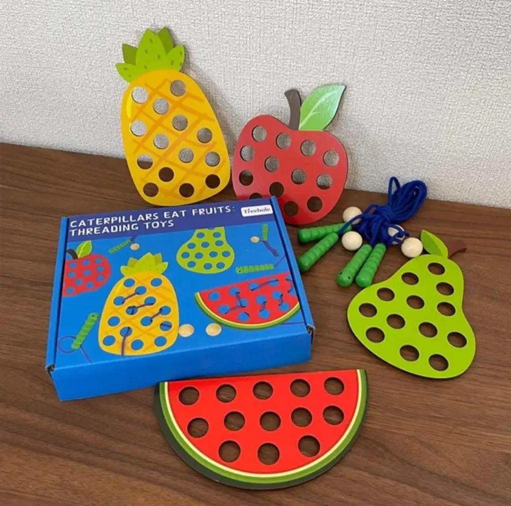 [Toys & Games / Puzzles and Blocks-17760] Wooden Caterpillars Eat Fruit Threading Toy_4 in 1 Lacing Activity Toy in A Box Montessori Game_Early Educational Toys_Caterpillar Game_Threading Toy (Multicolour [ 3+])