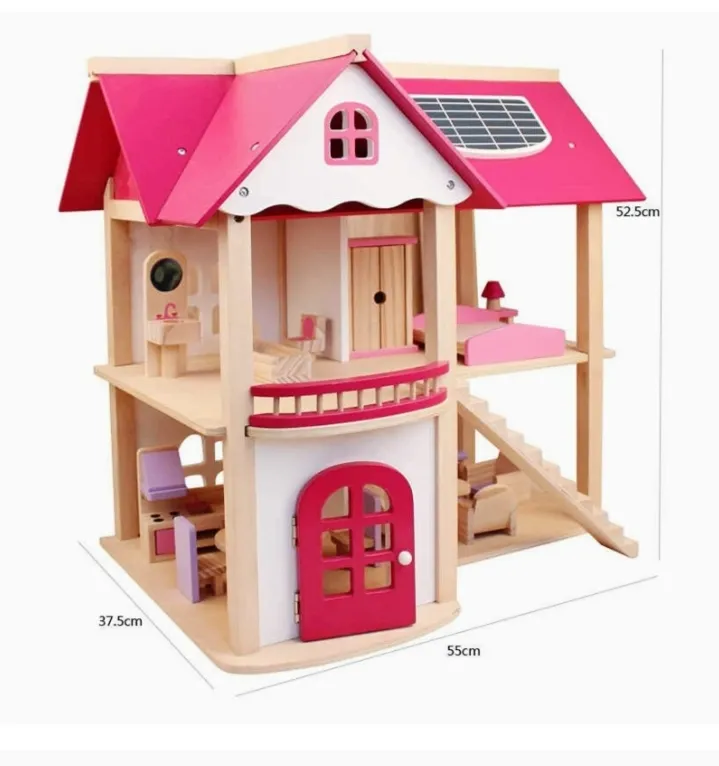 [Toys & Games / Pretend play-35414] Wooden Doll House Playset Comes with A Furniture Pieces to Decorate The Interior | Miniature Pretend Play House for Children
