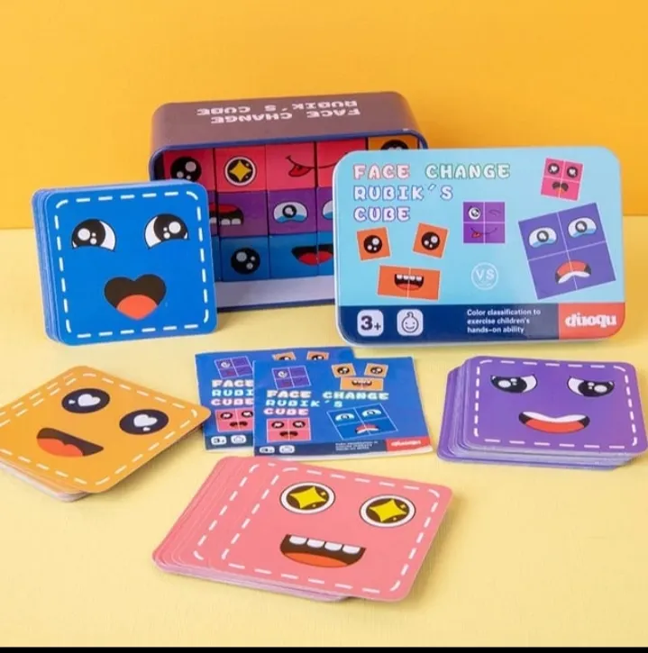[Toys & Games / Fun Games and toys-34638] Wooden Face Changing Cube Puzzle – Educational Face Expression Matching Game for Kids & Family | 16 Wooden Blocks and 72 Challenge Cards in Metal Storage Box