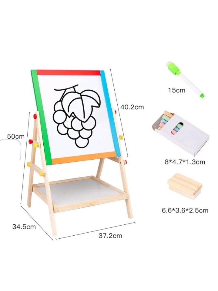 [Toys & Games / Learning Toys-32116] Wooden Kids Drawing Board (Double-Sided) Ages 2-8 | Chalkboard & Magnetic Whiteboard | with 54 Magnetic Letters & Numbers, Chalks, Marker & Tray | Learning Board for Toddlers, Tabletop Easel