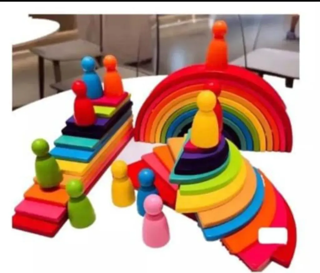 [Toys & Games / Puzzles and Blocks-19021] Wooden Rainbow Stacker with 7 Peg Dolls, Wooden Stacking Toy Round Stacking Wooden Block Rainbow Stacker with Peg Dolls