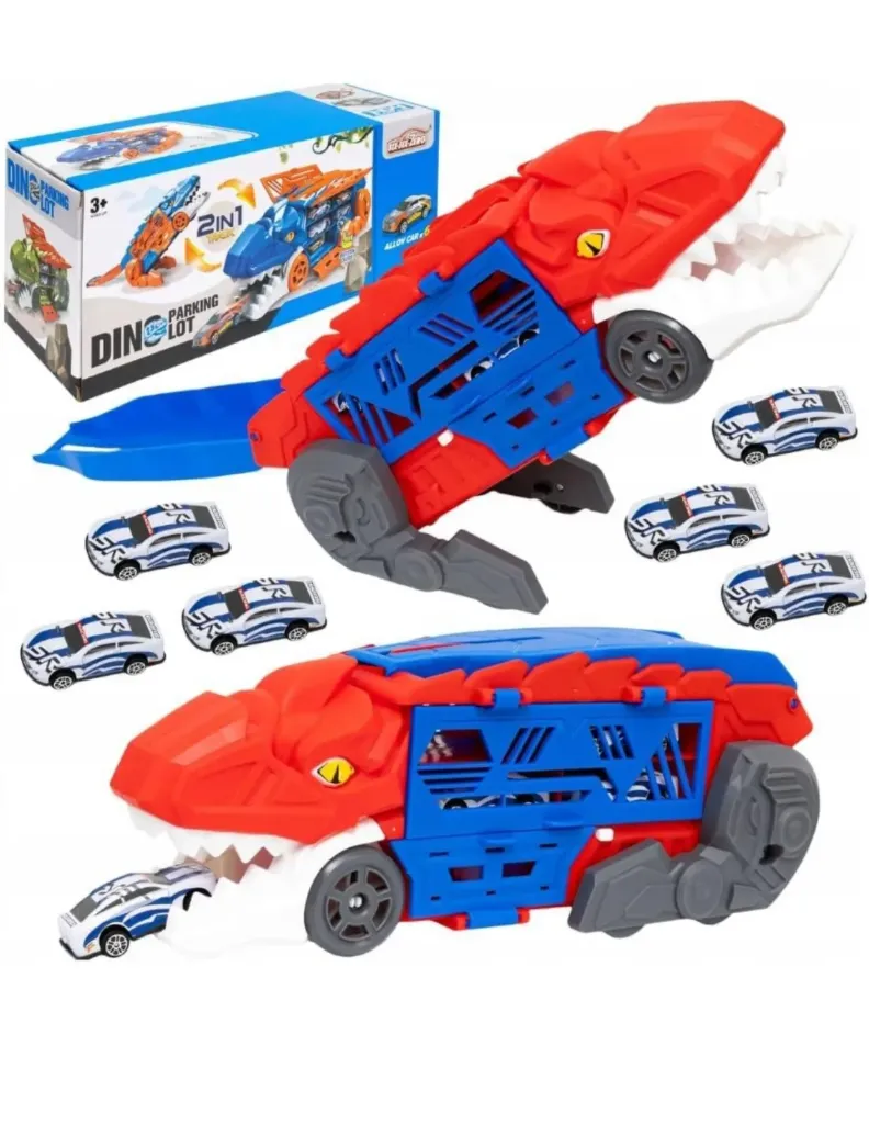 Dino Parking Lot Transporter Truck Toy – Dinosaur Car Carrier Playset with Lights, Sounds & 2 Mini Racing Cars Vehicle for Kids Ages 3+, Multicolour