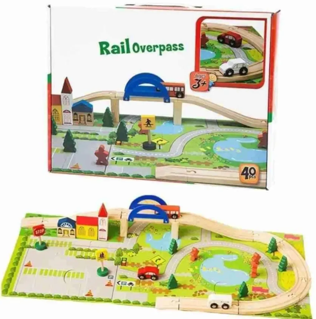Wooden Track Car Bridge Toy Set with Puzzle Playmat with Scenic Accessories| Rail Overpass (40 PCS Toy Set)