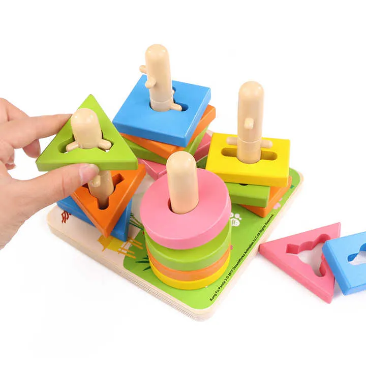 Wooden Four Column Geometric Blocks Building Stacker – Shape Sorter Puzzle & Stacking Set for Toddlers