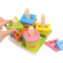 Wooden Four Column Geometric Blocks Building Stacker – Shape Sorter Puzzle & Stacking Set for Toddlers