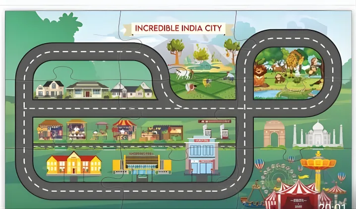 [toys  games - learning toys-14947] India City Rainbow Stacker Wooden Jigsaw Puzzle Mat Indian Theme with Road Tracks, 7 Different Design Wooden Cars, 7 Wooden Peg Dolls & 7 Pcs Rainbow Stacker.