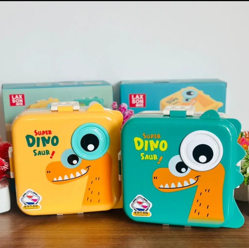 [school essentials - lunch boxes-15529] Super Dino Lunch Box 2 Layer Stainless Steel Lunch Box Comes with 1 Detachable Tray, 1 Small Container & 1 Spoon Ideal for Kids BPA Free 1120ml+70ml- Green