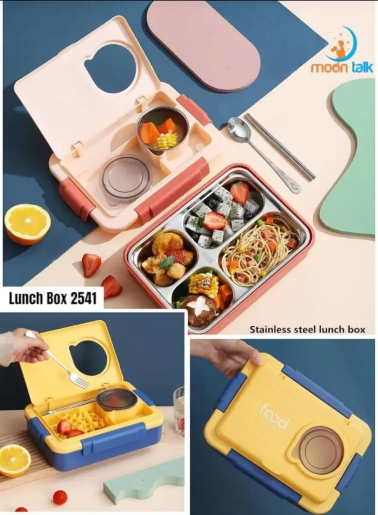[school essentials - lunch boxes-16111] Bento 4 Compartment Stainless Steel Lunch Box with 1 Small Bowl Inside, Steel Spoon & Chopstick, Heating & Water Insulation Design Use for School, Office & Travelling, 900 Ml