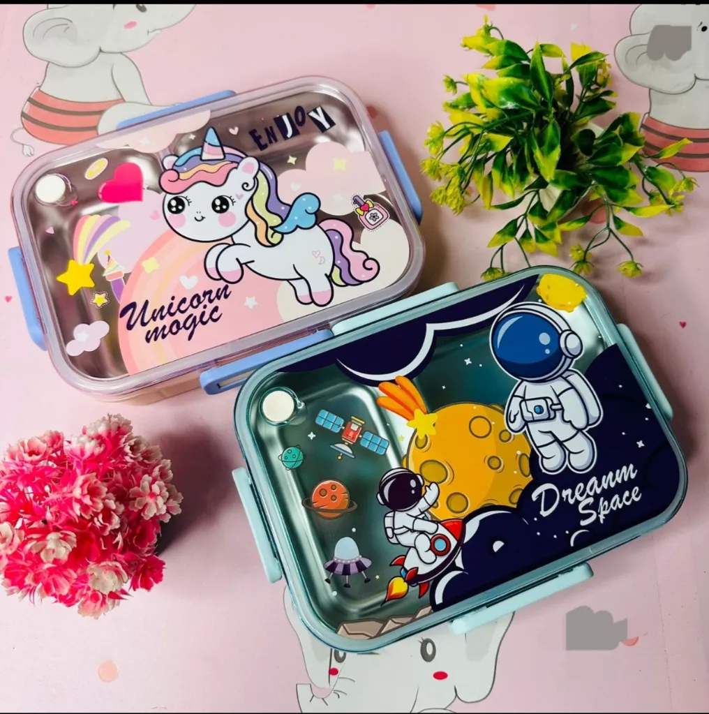 [school essentials - lunch boxes-16305] Unicorn Lunch Box  /  /  Unicorn Stainless Steel 3 Grid Lunch Box  /  /  Unicorn Lunch 3 Grid Compartment