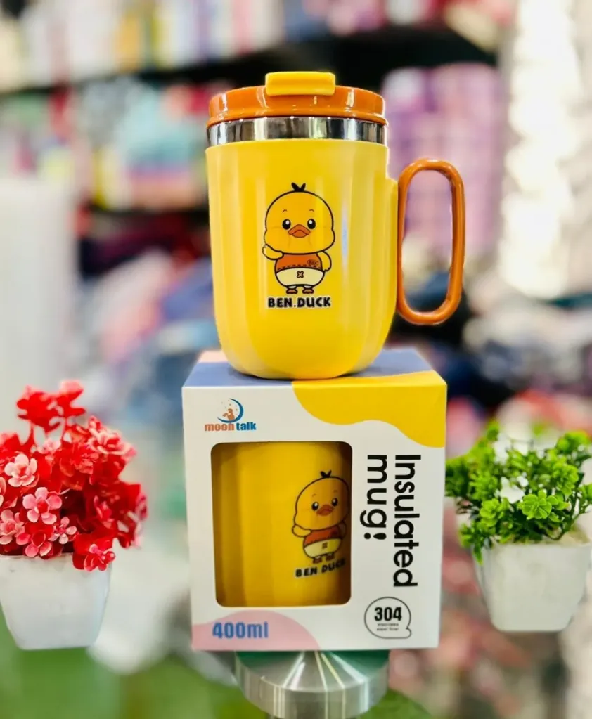 [school essentials - mugs - tumblers - bottles-16693] Double Insulated Stainless Steel 400ml Coffee Mug with Lid, Sweat-Proof Cartoon Print Insulated Coffee Mug for Birthday Gifts