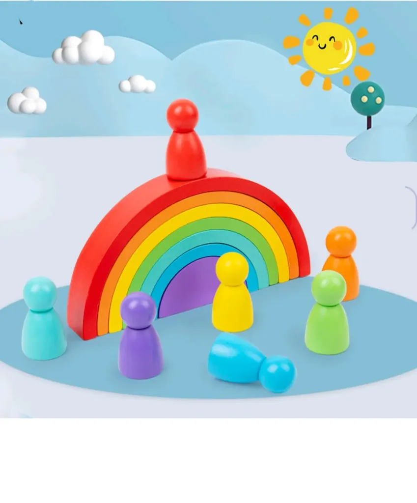 [toys  games - puzzles and blocks-18439] Wooden Rainbow Stacker with 7 Peg Dolls, Wooden Stacking Toy Round Stacking Wooden Block Rainbow Stacker with Peg Dolls