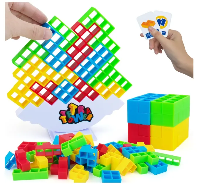 [toys  games - puzzles and blocks-21155] Tetra Tower Game 32 Pcs (4 Different Shapes) Stack Tower Blocks with 22 Card Game, Swing Stack Balance Building Block Interactive STEM Toy