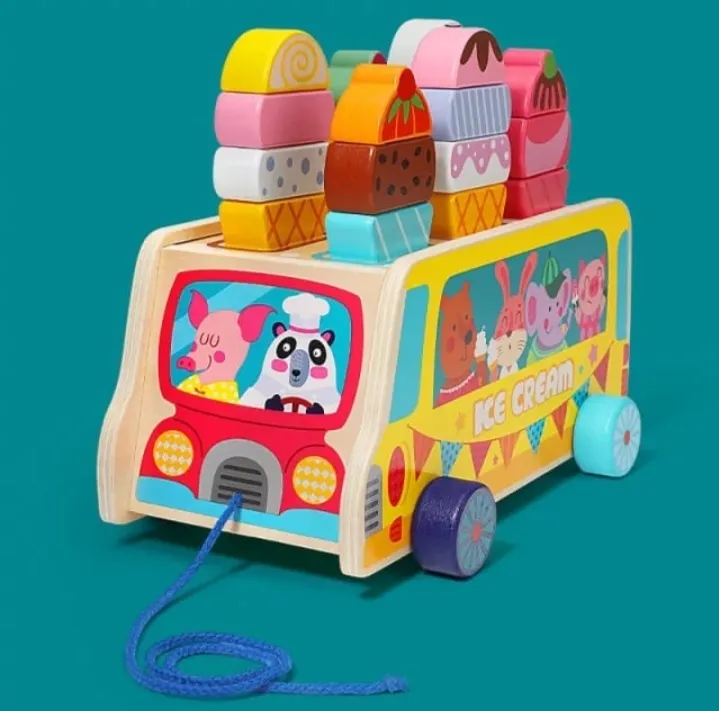 [toys  games - pretend play-22901] Wooden Ice Cream Cart for Kids | Montessori Pretend Play & Shape Matching Toy | Educational Role Play Game for Toddlers & Adults | Open-Ended Learning Gift Toy Set