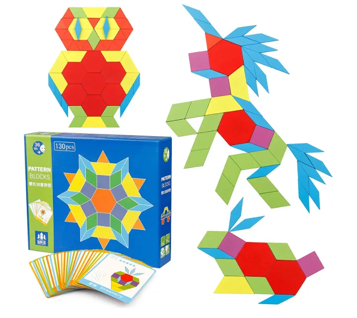 [toys  games - puzzles and blocks-23774] Wooden Pattern Blocks Set - Geometric Shape Puzzle with 24 Design Cards- Educational Tangram Toys for Kids Ages 3+