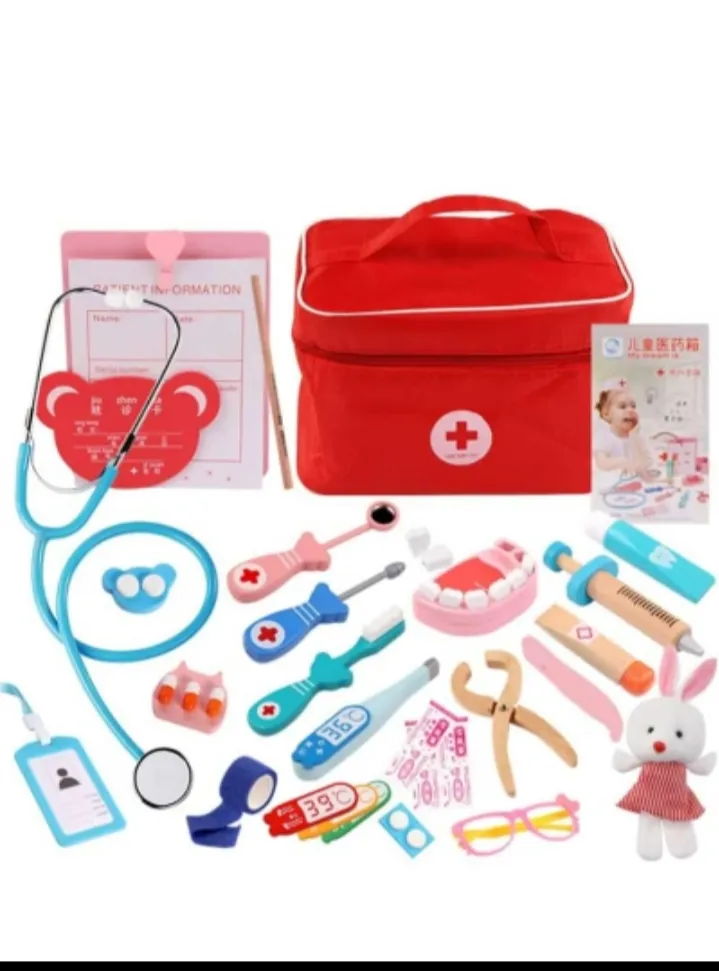 Doctor Pretend Play Educational Toy Set, 25Pcs Wooden Medical Kit with Stethoscope & Bag & Doctor Toys, Role Play Toys for Girls Boys 3 4 5 6 Year Old