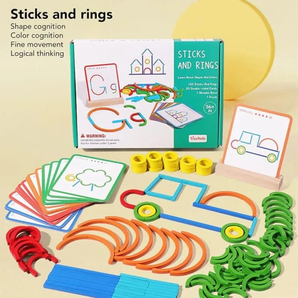 Kids Educational Sticks and Rings Building Set, 120 Pieces with 20 Pattern Cards, 1 Wooden Base and 1 Pouch Shape Learning Toy for Ages 3+
