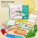Kids Educational Sticks and Rings Building Set, 120 Pieces with 20 Pattern Cards, 1 Wooden Base and 1 Pouch Shape Learning Toy for Ages 3+