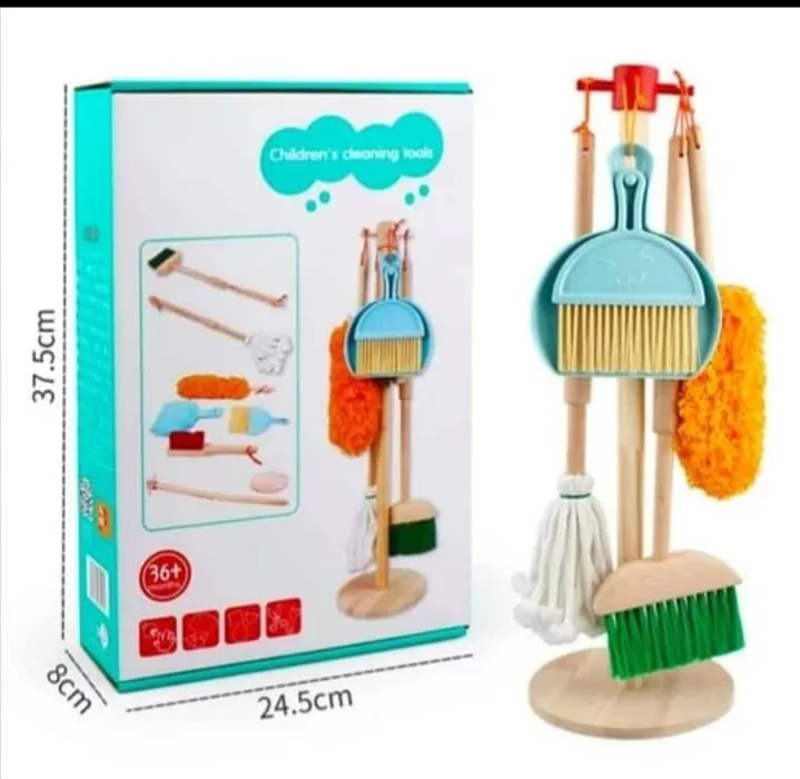 [toys  games - pretend play-24841] Wooden Montessori 6 Piece Cleaning Pretend and Play Mopping Toy Set for Boys and Girls Includes Broom, Brush, Dustpan, Mop Duster and Hanging Stand Kit for 3,4,5,6 Year Old Boy / Girl