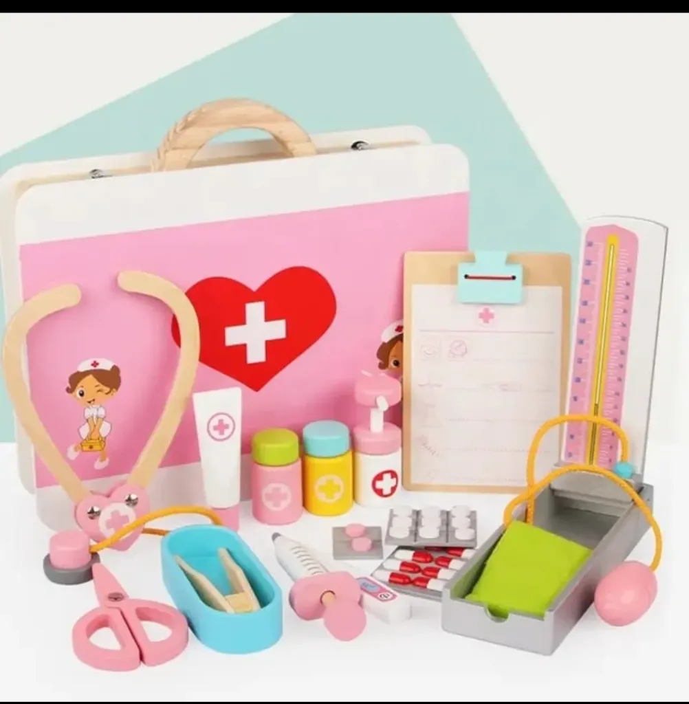 Doctor Kit for Kids Wooden Dentist Set with Working Stethoscope Doctor Playset Pretend Play Doctors Set for Children, Kids Role Play Toys, Storage Doctor kit