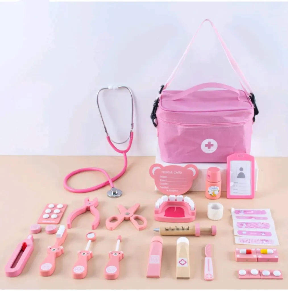 [toys  games - pretend play-25423] Doctor Kit for Kids _ Wooden Dentist Set with Working Stethoscope _ Doctor Playset for Girls _ Pretend Play Set _ Imaginative Play ( Pink Bag )