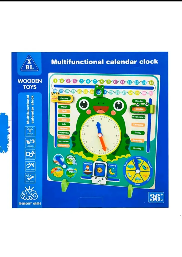 [toys  games - learning toys-27557] Calendar Clock Wooden Learning Toys Kids, Multifunctional Wooden Frog Teaching Clock Calendar,Weather,Season,Time,Week Telling Preschool and Fun 3-14 Years Old