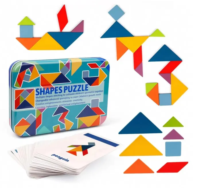 [toys  games - puzzles and blocks-29885] Wooden Pattern Blocks Jigsaw Puzzle Sorting and Stacking Games Montessori Educational Toys for Toddlers Kids Boys Girls Age 2+ Years Old (7 Shape Pieces& 60 Design Cards in Iron Box)