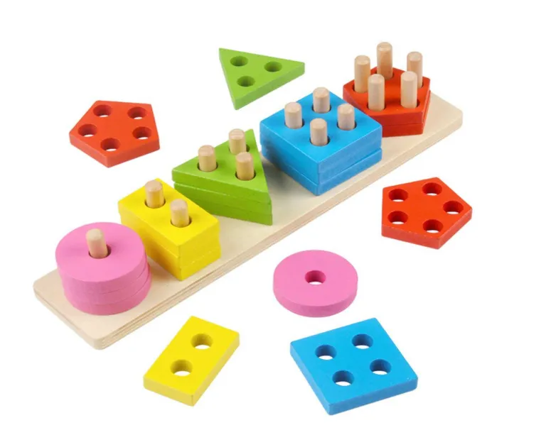 [toys  games - learning toys-31631] Kids Wooden Angle Geometric Blocks Stacker Shape Sorter Column Puzzle Stacking Set - 5 Columns