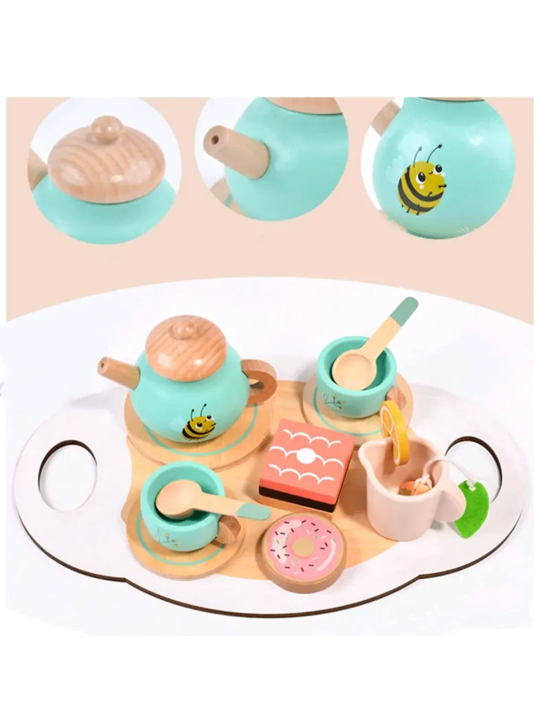 [toys  games - pretend play-33183] Wooden Tea Set Toys-14 Pcs Play Tea Party Set for Girls, Pretend Play Food Toys for Kids- Play Kitchen Accessories