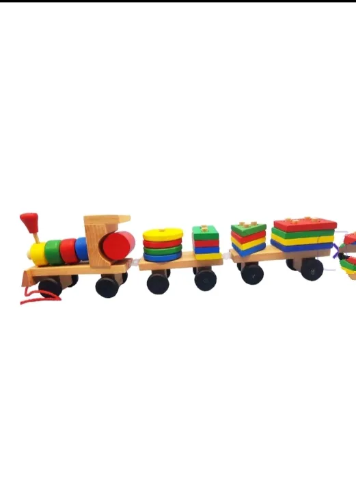 [toys  games - puzzles and blocks-33280] Wooden Railway Train Toddler Toy, Rail Wooden Blocks for 1-3 Year Old Boys Girls, Montessori Sorting Stacking, Preschool Educational Toy for Kids