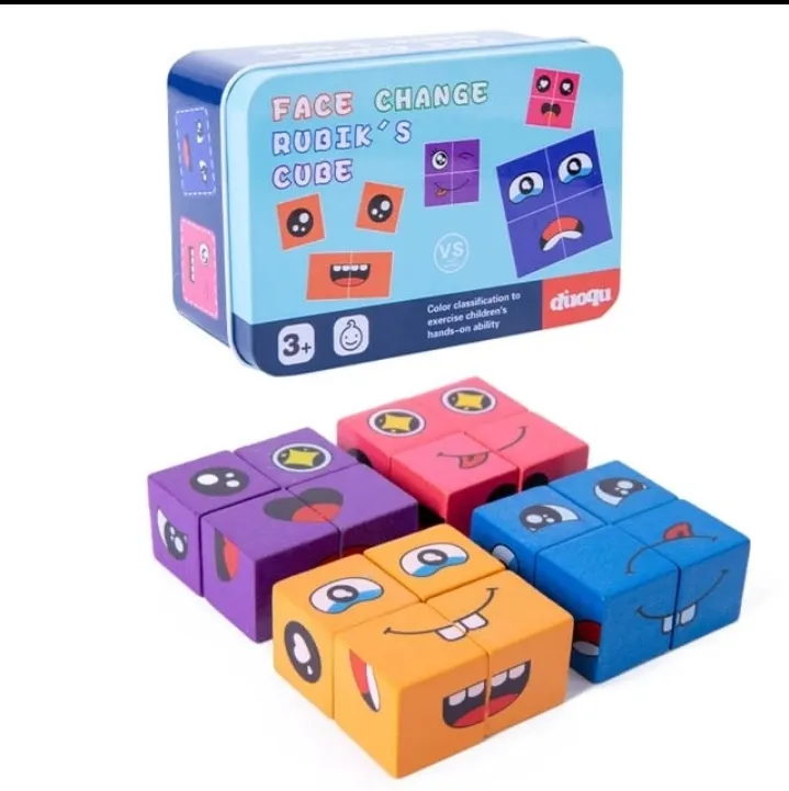 [toys  games - fun games and toys-34056] Wooden Face Changing Cube Puzzle – Educational Face Expression Matching Game for Kids & Family | 16 Wooden Blocks and 72 Challenge Cards in Metal Storage Box