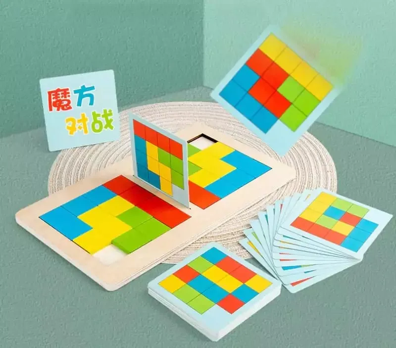 [toys  games - puzzles and blocks-34541] Wooden Cube Battle Puzzle – Multiplayer Game for Toddlers, Sliding Tiles to Match Patterns – Fun Puzzle Stacker for Early Childhood Learning & Development – Engaging Educational Toy for Kids