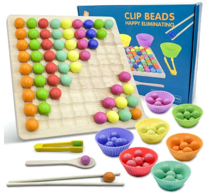 [toys  games - puzzles and blocks-36675] Wooden Happy Clip Bead Eliminating Game Interactive Bead Sorting and Grasping Fine Motor Fun with Wooden Clip Beads Engaging Clip Bead Sorting and Matching Toy for 3+ Years