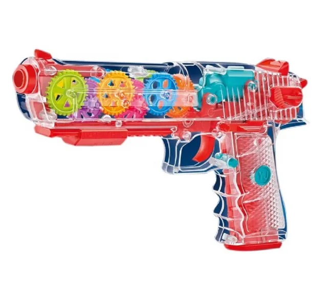 [toys  games - bubbles and guns-38809] Musical Transparent Glow Gear Gun with 3D Lights and Music Pretend Play Toy Gun for 2 to 5 Year Kids Baby Toy, Multi Color (Transparent Gun)