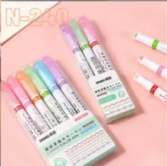 [school essentials - quirky stationary-46569] Linear Roller Curve Highlighter Pen Pack Of 6 - Multi-coloured Design Line Outline Border Sketch Pens – Ideal for Coloring, Sketching & DIY Art for Kids, Boys & Girls (Random Colors)