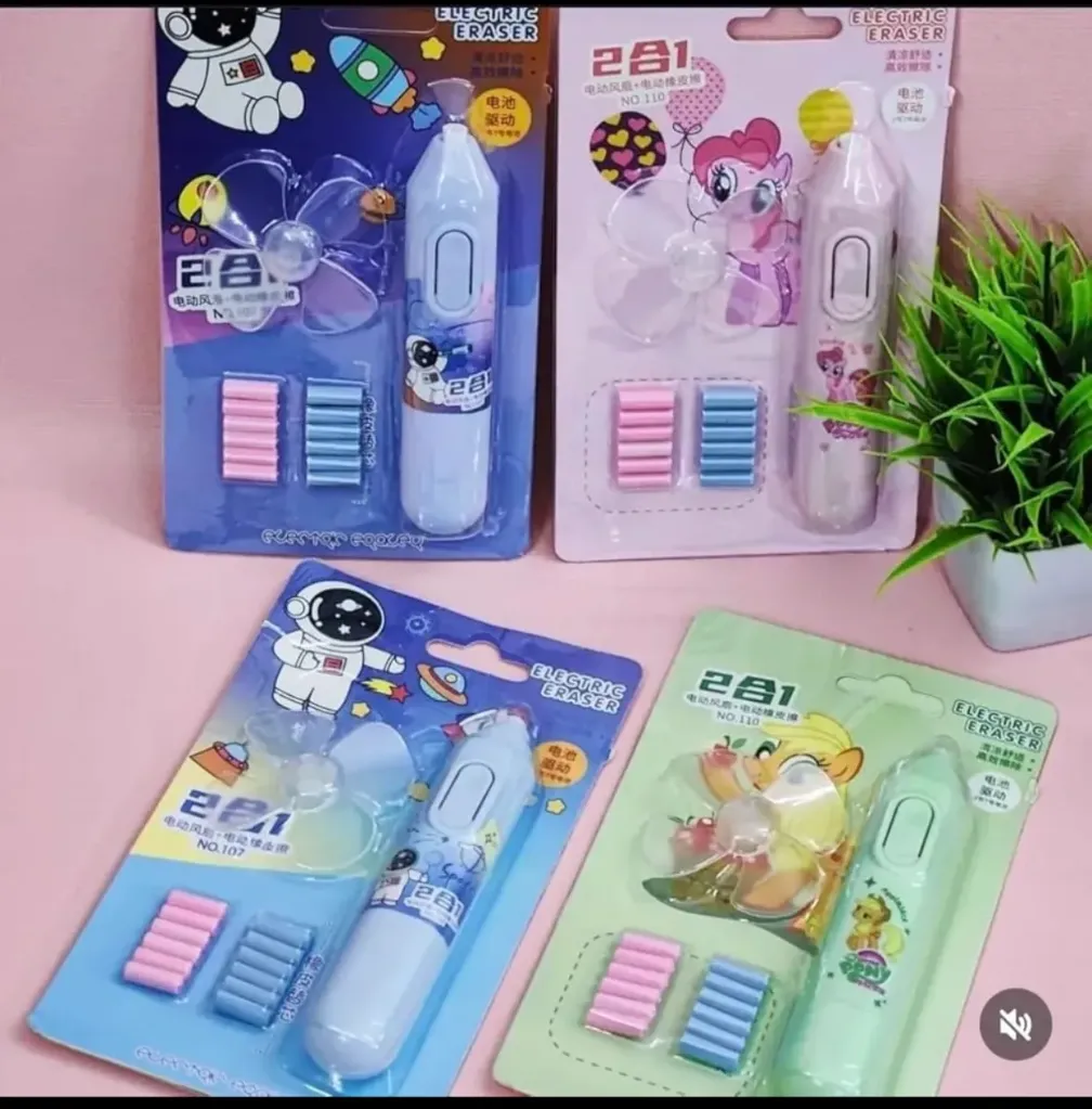 Cute Cartoon Print Electric Pencil Erasers With Fan And 12 Refills Set For Kids, Battery Operated Automatic Pencil Eraser