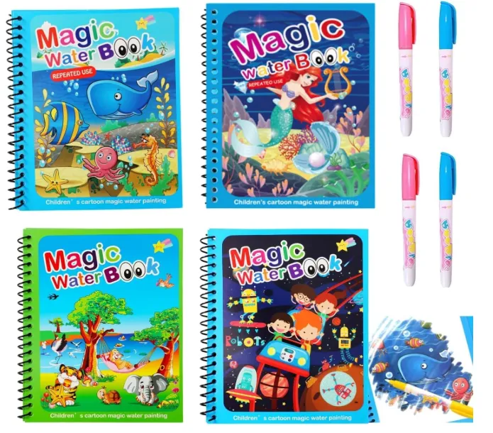 [books  learning kits - pocket friendly books-48024] Water Magic Coloring Books with Refillable Pens - No-Mess Water Reveal Activity Book Set of 2 for Kids - Reusable & Travel-Friendly
