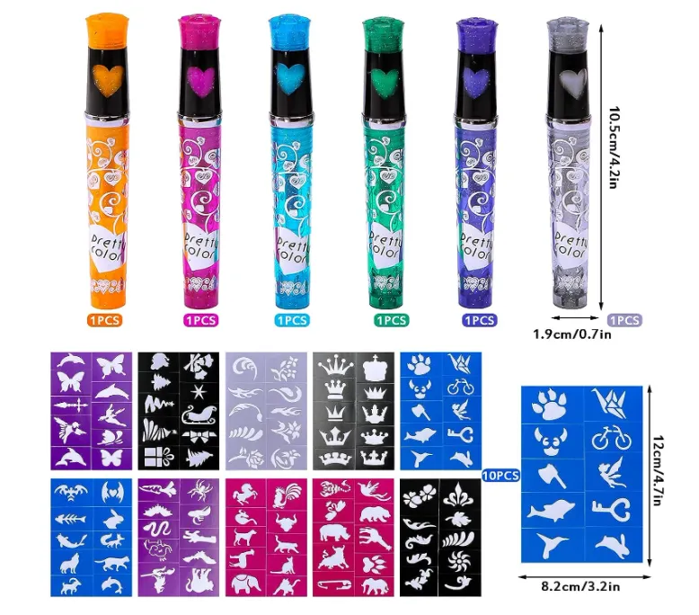 [makeup and more - quirky makeup-52389] Tattoo Pens Children 6 Glitter Tattoo Pens for the Skin with 10 Tattoo Stencils 100 Patterns, Halloween Sticker Face Children for Girls Carnival Birthdays Christmas Best birthday return gift for kids