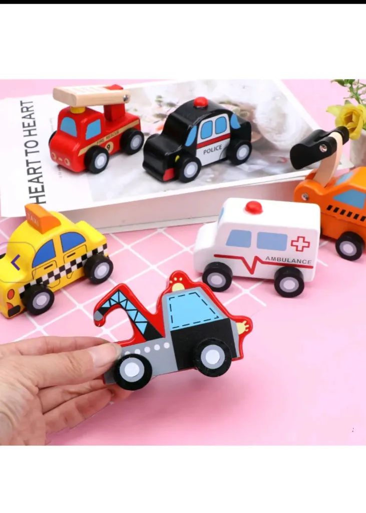 [toys  games - wooden toys-53456] Ambulance Wooden Small Toys for Kids, Cars Set Classic Rescue & Construction Vehicles Driving Cars for Boys Girls Educational Plays