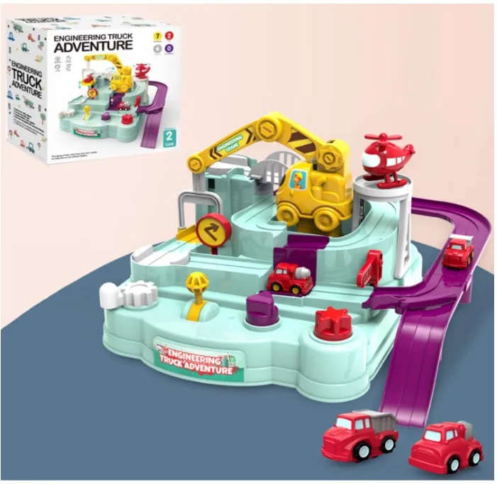 Engineering Truck Adventure Track Toy for Kids - Mechanical Car Track Playset with Crane, Helicopter & 2 Cartoon Vehicles, Educational Toy for 3+ Years Boys & Girls